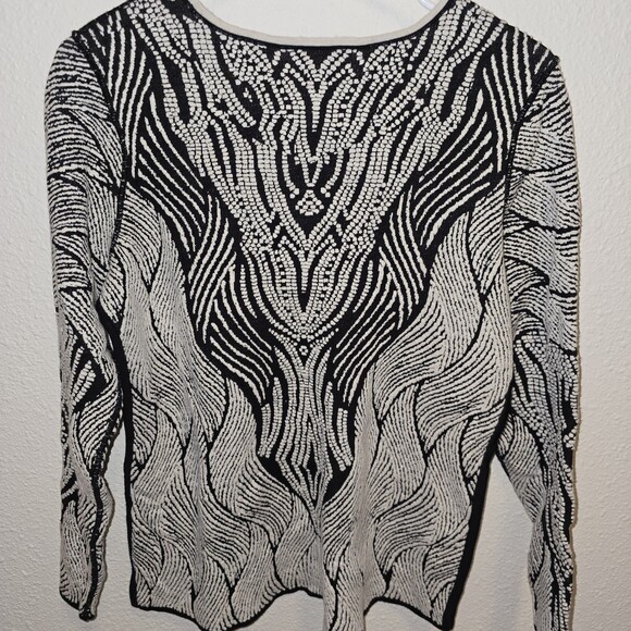 NIC+ZOE Black Cream Abstract Knit Sweater Womens Large L Textured Scoop Neck - Picture 2 of 7